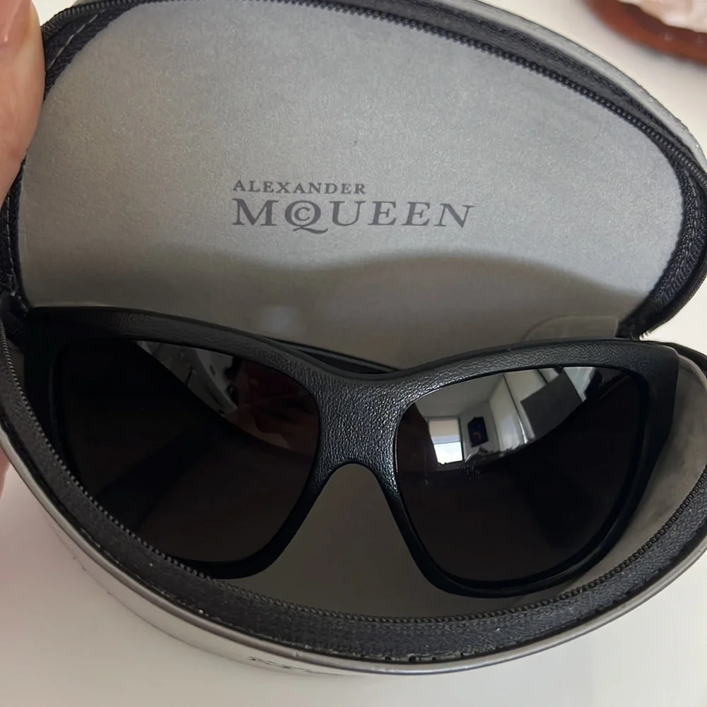 Alexander McQueen Black Leather Wayfarer Sunglasses Grey Lens w/ Case